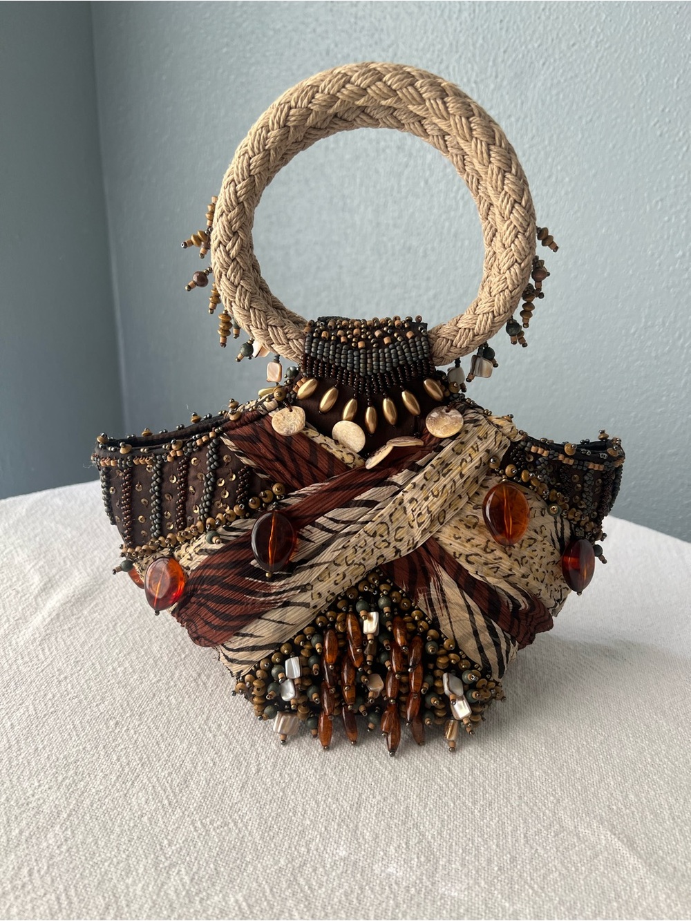 Vintage Mary Frances Hand Beaded Animal Print Rope Handle Shoulder Bag Rare Boho